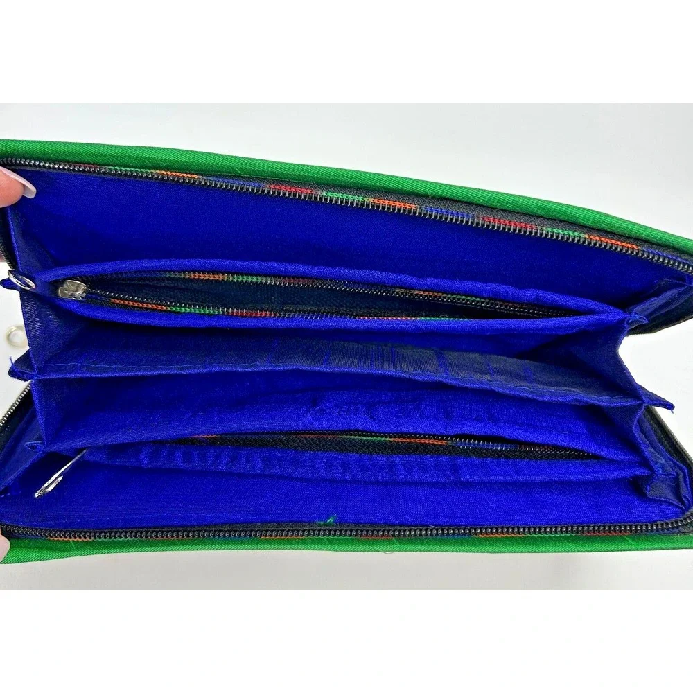Indian Needlepoint/Embroidered Silk Wallet Clutch Floral 6 Pockets Phone Fits A+